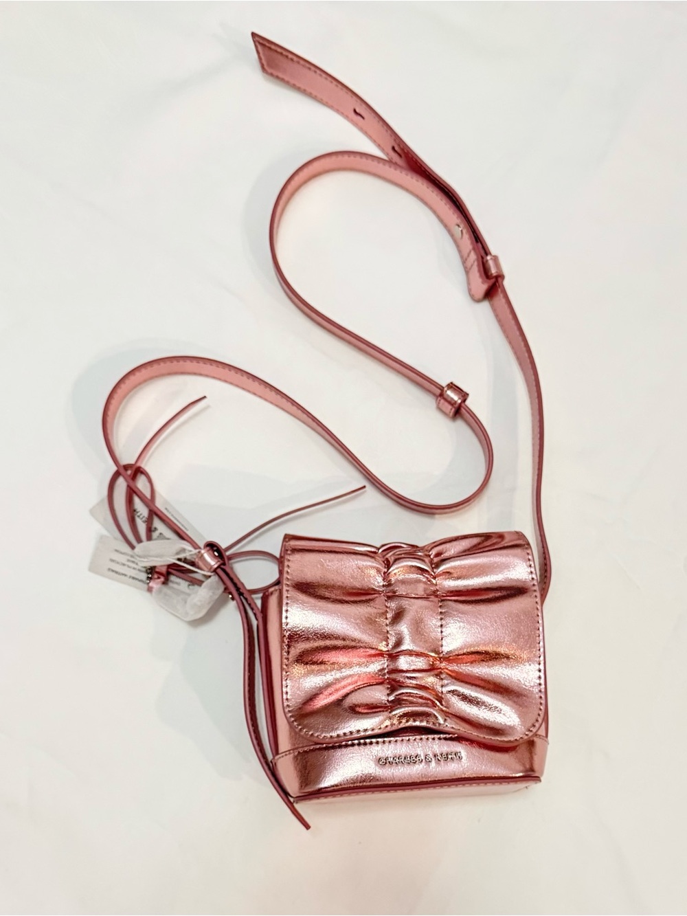 Charles & Keith Kadee Metallic Bow-Charm Ruched Mini Bag - Aura Pink XXS new - Picture 2 of 11
